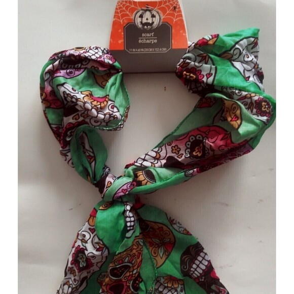 Halloween Scarf Sugar Skull Day Of The Dead  Blue Turquoise 11 x 60 In Colorful - Picture 3 of 4